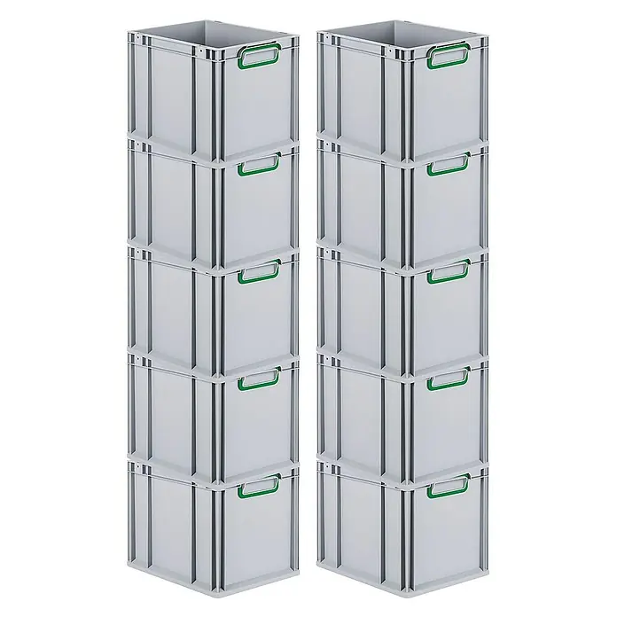 Proregal Euroboxen-Set 10x Eurobox NextGen Color - L x B x H: 40 x 30 x 32 cm, Kunststoff, Grau, Grün, 10 Stk. - Zwei Stapel von je sechs hellgrauen Lagerbehältern mit grünen Griffen, ideal für Organisation und Lagerung.