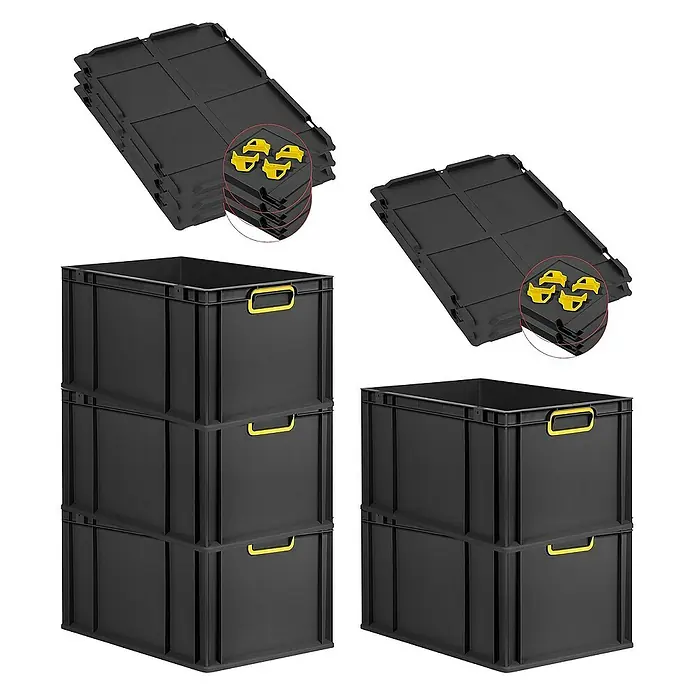 Proregal Euroboxen-Set 5x Eurobox NextGen Color mit Auflagedeckel und Schiebeschnappverschlüsse - L x B x H: 60 x 40 x 32 cm, Kunststoff, Schwarz, Gelb, 5 Stk. - Schwarze Eurobehälter mit gelben Griffen und zugehörigen Deckeln, die sich stapeln lassen und für Ordnung sorgen.