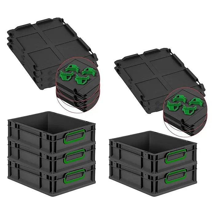 Proregal Euroboxen-Set 5x Eurobox NextGen Color mit Auflagedeckel und Schiebeschnappverschlüsse - L x B x H: 40 x 30 x 12 cm, Kunststoff, Schwarz, Grün, 5 Stk. - Schwarze Kunststoffboxen mit Deckeln und grünen Griffen, ideal für Lagerung und Transport.