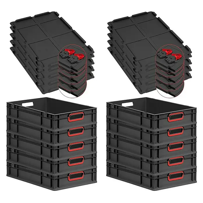 Proregal Euroboxen-Set 10x Eurobox NextGen Color mit Scharnierdeckel und Verschlüssen - L x B x H: 60 x 40 x 12 cm, Kunststoff, Schwarz, Rot, 10 Stk. - Stapelbare Kunststoffboxen und passende Deckel in Schwarz mit roten Akzenten, ideal für Lagerung und Organisation.