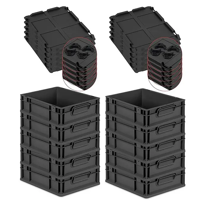 SparSet 10x Eurobox NextGen Grip mit Auflagedeckel inkl. 4 schwarzen Schiebeschnappverschlüssen | HxBxT 12x30x40cm | 11 Liter | Schwarz | Griffe geschlossen | Eurobehälter, Transportbox, Transportbehälter, Stapelbehälter -  - Stapelbare Aufbewahrungsboxen und Deckel, ideal für die Organisation im Lager oder Büro, robust und platzsparend.