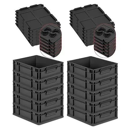 SparSet 10x Eurobox NextGen Grip mit Auflagedeckel inkl. 4 schwarzen Schiebeschnappverschlüssen | HxBxT 12x30x40cm | 11 Liter | Schwarz | Griffe geschlossen | Eurobehälter, Transportbox, Transportbehälter, Stapelbehälter