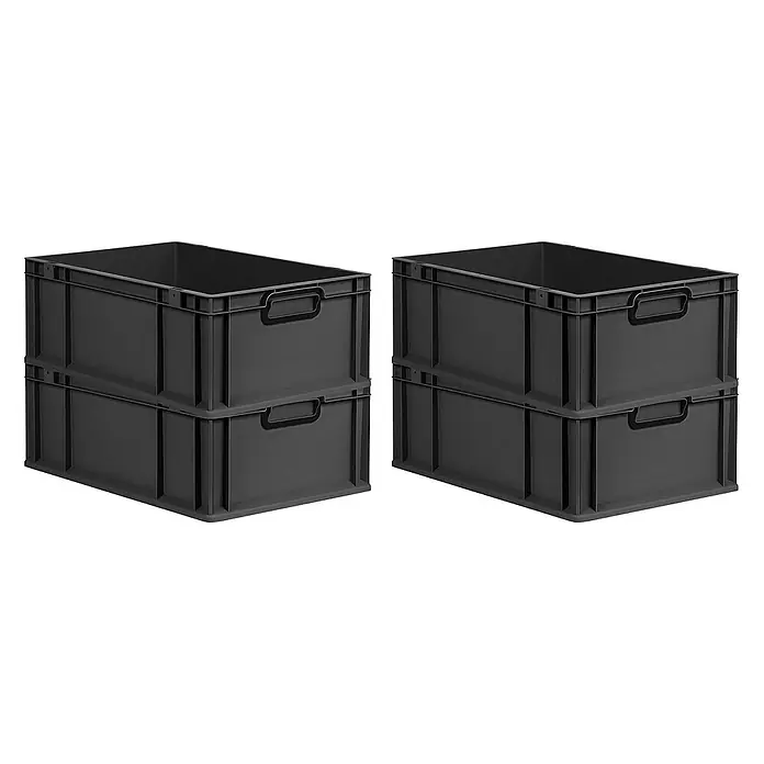 Proregal Euroboxen-Set 4x Eurobox NextGen Color - L x B x H: 60 x 40 x 22 cm, Kunststoff, Schwarz, Schwarz, 4 Stk. - Zwei Stapel grauer Kunststoffkisten, die sich ideal für Lagerung und Organisation eignen, sind in der Nahaufnahme abgebildet.