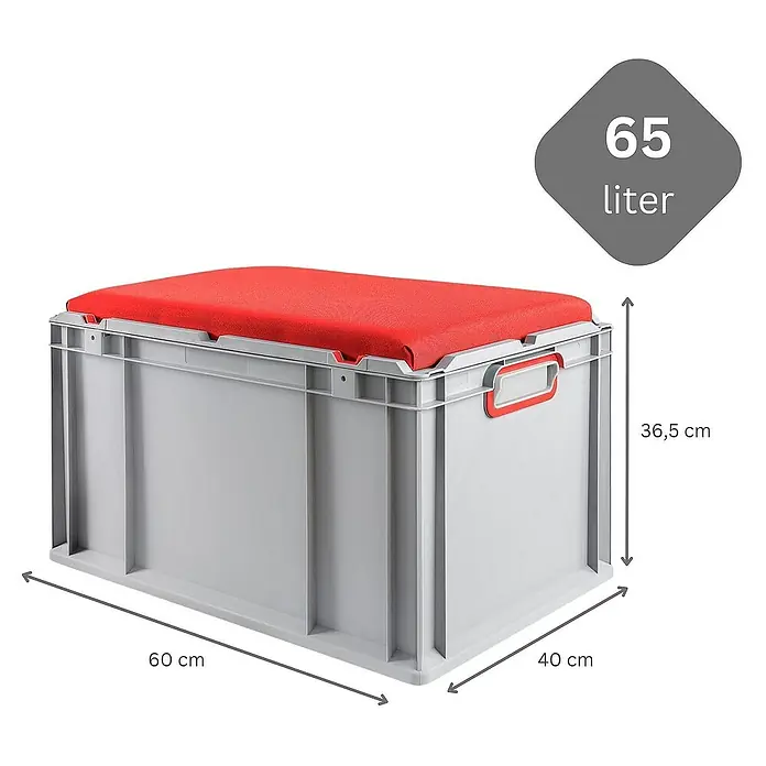 Proregal Euroboxen-Set 2x Eurobox NextGen Seat Box Rot - L x B x H: 60 x 40 x 36,5 cm, Kunststoff, Grau, Rot, 2 Stk. - Graue Kunststoffbox mit rotem Kissen und den Maßen 60x40x36,5 cm, Fassungsvermögen 65 Liter. Ideal zur Aufbewahrung und als Sitzgelegenheit.