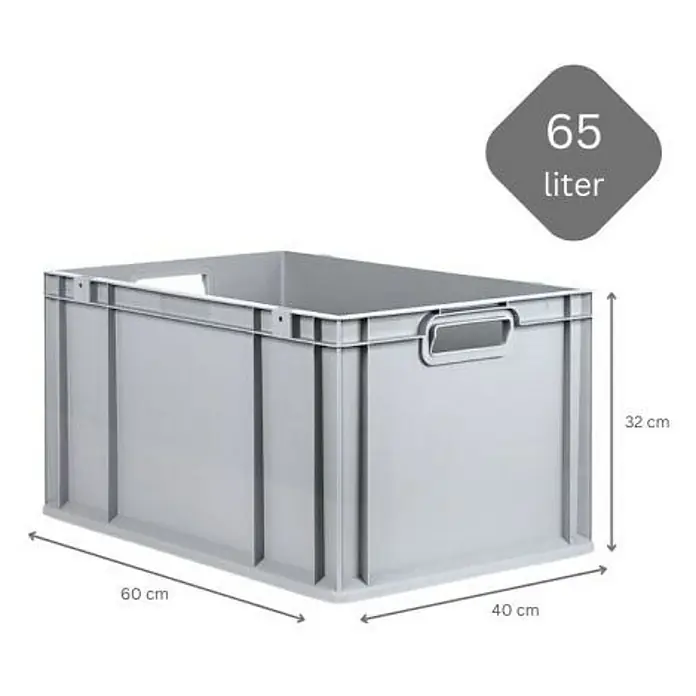 Proregal Euroboxen-Set 5x Eurobox NextGen Economy mit Scharnierdeckel und schwarzen Verschlüssen - L x B x H: 60 x 40 x 32 cm, Kunststoff, Grau, 5 Stk. - Graue Kunststoffbox mit den Maßen 60x40x32 cm und einem Volumen von 65 Litern zur Lagerung und Organisation.