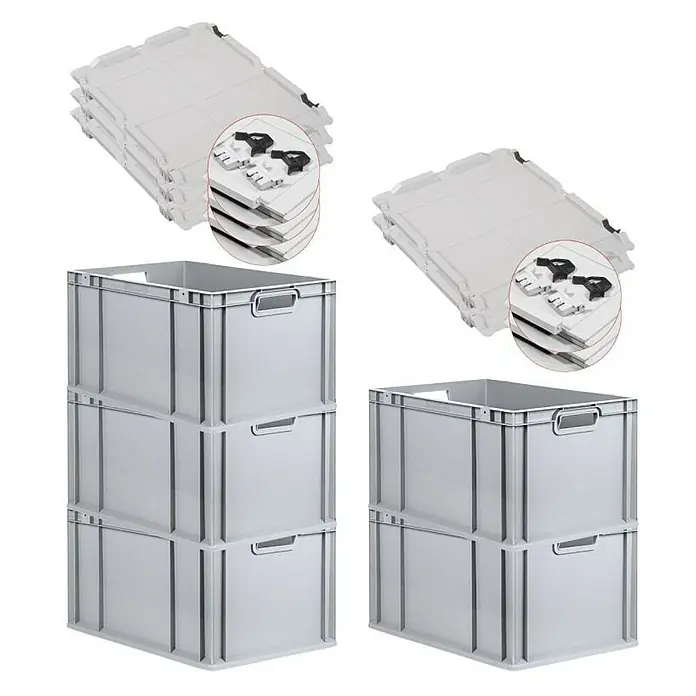Proregal Euroboxen-Set 5x Eurobox NextGen Economy mit Scharnierdeckel und schwarzen Verschlüssen - L x B x H: 60 x 40 x 32 cm, Kunststoff, Grau, 5 Stk. - Bild von grauen Eurobehältern mit Deckeln, die gestapelt sind. Die Behälter sind leer und haben Griffe an den Seiten.