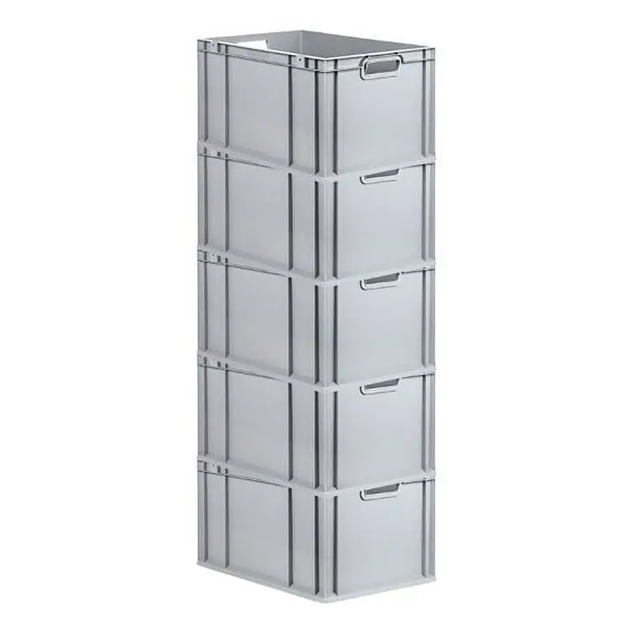 Proregal Euroboxen-Set 5x Eurobox NextGen Economy mit Scharnierdeckel und schwarzen Verschlüssen - L x B x H: 60 x 40 x 32 cm, Kunststoff, Grau, 5 Stk. - Stapelboxen aus Kunststoff: Fünf graue Boxen sind ordentlich übereinander gestapelt und bieten eine praktische Aufbewahrungslösung.