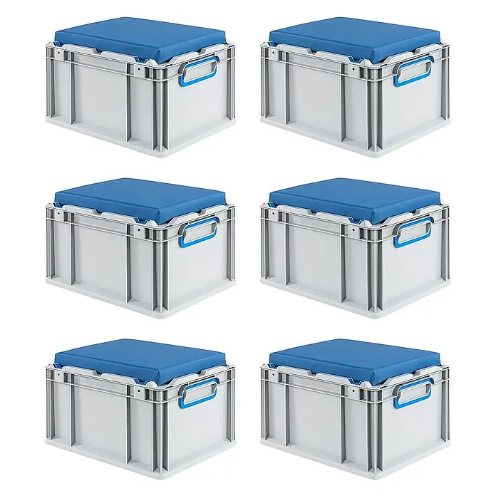 Proregal Euroboxen-Set 6x Eurobox NextGen Seat Box Blau - L x B x H: 40 x 30 x 26,5 cm, Kunststoff, Grau, Blau, 6 Stk. - Sechs Aufbewahrungsboxen mit blauen Sitzkissen darauf, ideal für zusätzlichen Stauraum und bequeme Sitzgelegenheiten.