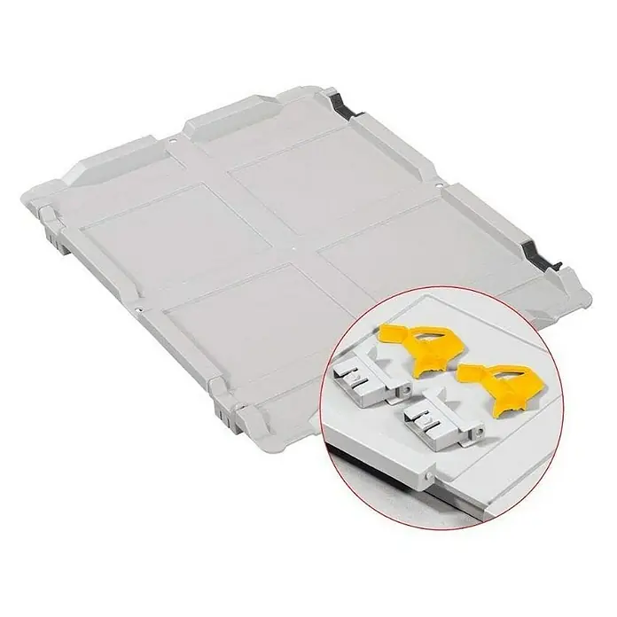 Proregal Euroboxen-Set 5x Eurobox NextGen Grip mit Scharnierdeckel und gelben Verschlüssen - Kunststoff, Grau, 5 Stk. - Weiße Bodenplatte für Kühlzellen mit zwei gelben und zwei weißen Befestigungselementen für eine einfache und sichere Installation.