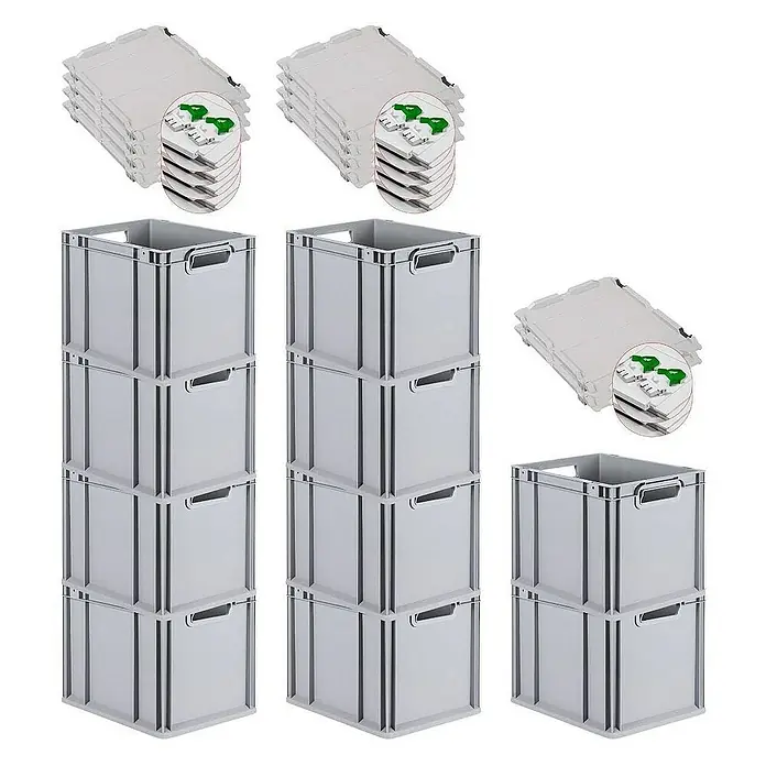 Proregal Euroboxen-Set 10x Eurobox NextGen Grip mit Scharnierdeckel und grünen Verschlüssen - Kunststoff, Grau, 10 Stk. - Graue Kunststoffboxen mit Deckel für Lagerung und Organisation. Ideal für Büro, Garage oder Keller.