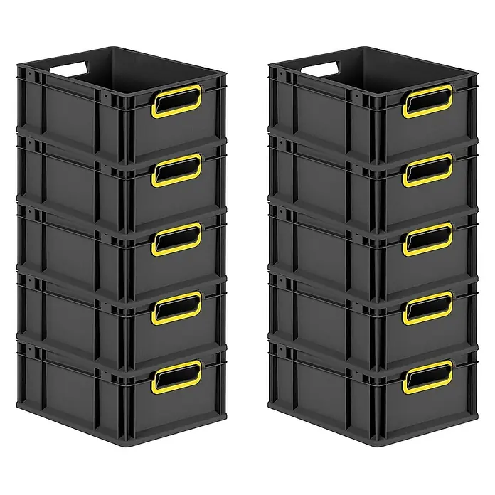 Proregal Euroboxen-Set 10x Eurobox NextGen Color - L x B x H: 40 x 30 x 17 cm, Kunststoff, Schwarz, Gelb, 10 Stk. - Zwei Stapel grauer Kunststoffbehälter mit gelben Griffen, die für Lagerung und Organisation geeignet sind.