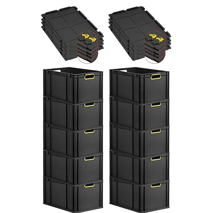 Proregal Euroboxen-Set 10x Eurobox NextGen Color mit Scharnierdeckel und Verschlüssen - L x B x H: 60 x 40 x 32 cm, Kunststoff, Schwarz, Gelb, 10 Stk. - Abbildung von schwarzen Aufbewahrungsboxen mit gelben Griffen und dazugehörigen Deckeln, die gestapelt sind.