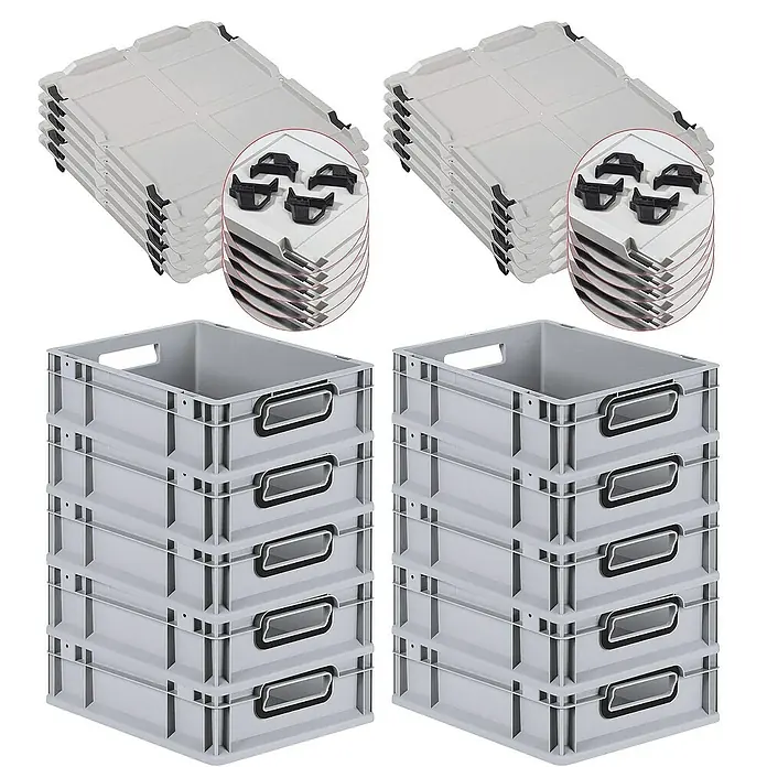 Proregal Euroboxen-Set 10x Eurobox NextGen Color mit Auflagedeckel und Schiebeschnappverschlüsse - L x B x H: 40 x 30 x 12 cm, Kunststoff, Grau, Schwarz, 10 Stk. - Graue Kunststoffboxen und Deckel, ideal für Lagerung und Organisation. Robuste Stapelboxen mit praktischen Tragegriffen für vielseitige Anwendungen.
