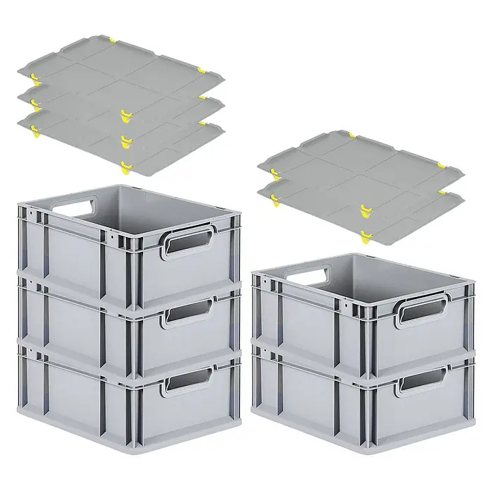 Proregal Euroboxen-Set 5x Eurobox NextGen Economy mit Auflagedeckel und 4x Verschlüsse Gelb - L x B x H: 40 x 30 x 17 cm, Kunststoff, Grau, 5 Stk. - Bild von grauen Euroboxen mit passenden Deckeln zum sicheren Stapeln und Aufbewahren von Gegenständen.