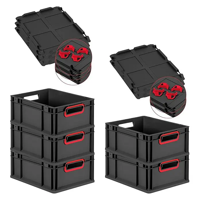 Proregal Euroboxen-Set 5x Eurobox NextGen Color mit Auflagedeckel und Schiebeschnappverschlüsse - L x B x H: 40 x 30 x 17 cm, Kunststoff, Schwarz, Rot, 5 Stk. - Schwarze Eurobehälter mit roten Griffen und Deckeln, stapelbar und ideal für Lagerung und Transport.