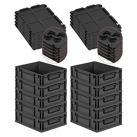 SparSet 10x Eurobox NextGen Color mit Auflagedeckel und Schiebeschnappverschlüsse | HxBxT 12x30x40cm | 11 Liter | Schwarz | Griffe schwarz geschlossen | Glatter Boden | Eurobehälter, Transportbox, Transportbehälter, Stapelbehälter