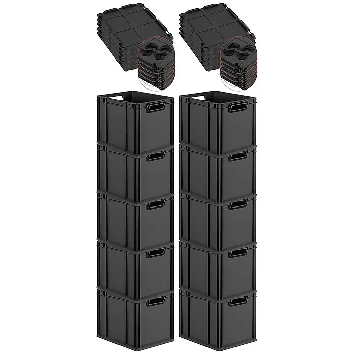 Proregal Euroboxen-Set 10x Eurobox NextGen Color mit Auflagedeckel und Schiebeschnappverschlüsse - Kunststoff, Schwarz, Schwarz, 10 Stk. - Schwarze Kunststoffboxen im Stapel mit Deckeln und Flaschenhaltern, ideal für Lagerung und Organisation.