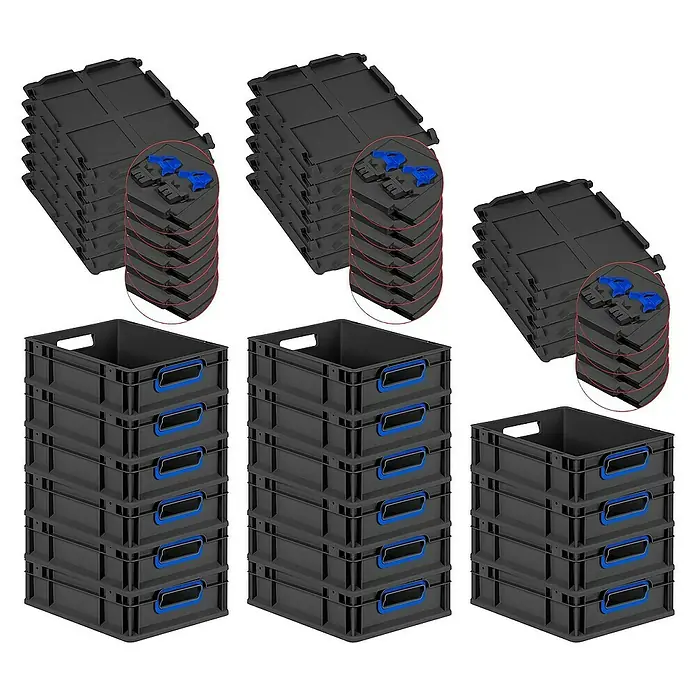 Proregal Euroboxen-Set 16x Eurobox NextGen Color mit Scharnierdeckel und Verschlüssen - L x B x H: 40 x 30 x 12 cm, Kunststoff, Schwarz, Blau, 16 Stk. - Stapelbare Aufbewahrungsbehälter und Bodenfliesen aus Kunststoff für eine organisierte Aufbewahrungslösung.