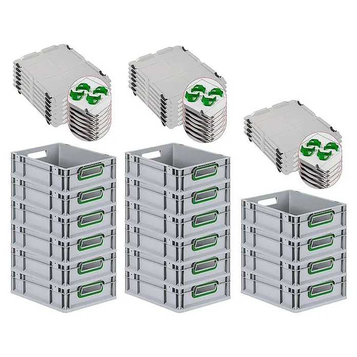 Proregal Euroboxen-Set 16x Eurobox NextGen Color mit Auflagedeckel und Schiebeschnappverschlüsse - L x B x H: 40 x 30 x 12 cm, Kunststoff, Grau, Grün, 16 Stk. - Bild von drei Stapeln grauer Lagerboxen und Deckeln mit grünen Details, perfekt für Organisation und Lagerung.