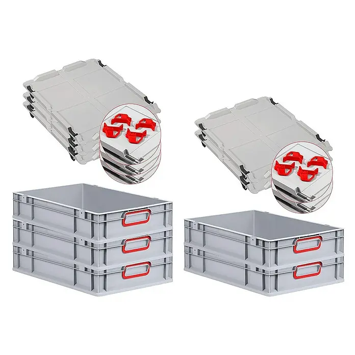Proregal Euroboxen-Set 5x Eurobox NextGen Color mit Auflagedeckel und Schiebeschnappverschlüsse - L x B x H: 60 x 40 x 12 cm, Kunststoff, Grau, Rot, 5 Stk. - Graue Kunststoffbehälter mit roten Griffen und dazugehörige Deckel mit roten Clips, ideal für Lagerung und Transport.