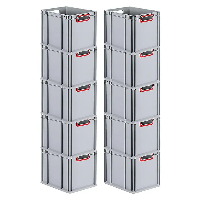 Proregal Euroboxen-Set 10x Eurobox NextGen Color - Kunststoff, Grau, Rot, 10 Stk. - Zwei Stapel grauer Kunststoffkisten mit roten Griffen, ideal für Lagerung und Organisation. Praktische und robuste Aufbewahrungslösung.