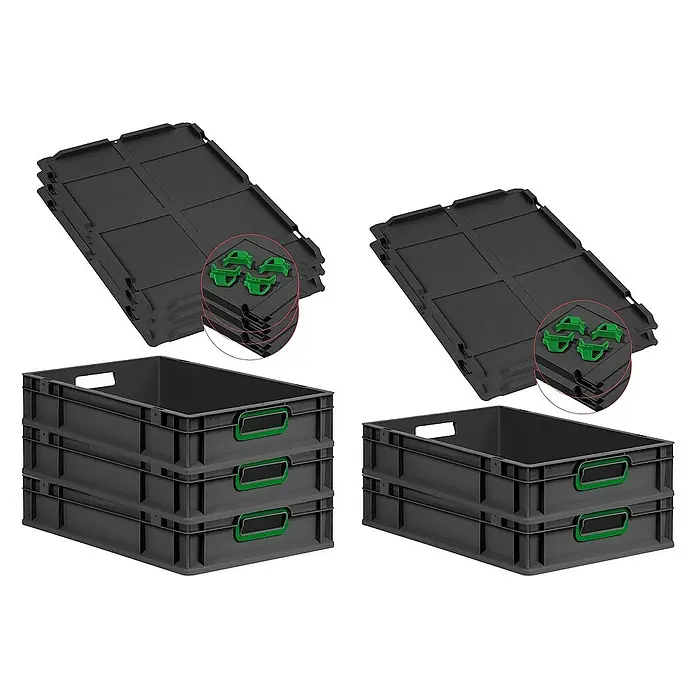 Proregal Euroboxen-Set 5x Eurobox NextGen Color mit Auflagedeckel und Schiebeschnappverschlüsse - L x B x H: 60 x 40 x 12 cm, Kunststoff, Schwarz, Grün, 5 Stk. - Gestapelte graue Euroboxen und dazugehörige Deckel mit grünen Details, ideal für Lagerung und Transport.