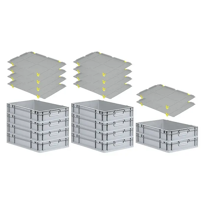 Proregal Euroboxen-Set 10x Eurobox NextGen Grip mit Auflagedeckel inkl. 4 gelben Verschlüssen - L x B x H: 60 x 40 x 12 cm, Kunststoff, Grau, 10 Stk. - Stapelbare graue Eurobehälter mit gelben Clips. Ideal für Lagerung & Transport. Praktische & robuste Kunststoffkisten für vielfältige Anwendungen.