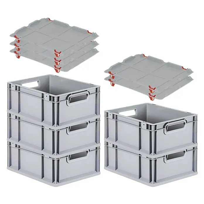Proregal Euroboxen-Set 5x Eurobox NextGen Grip mit Auflagedeckel inkl. 4 roten Verschlüssen - L x B x H: 40 x 30 x 17 cm, Kunststoff, Grau, 5 Stk. - Graue Eurobehälter im Stapel mit passenden Deckeln. Ideal für Lagerung & Transport.