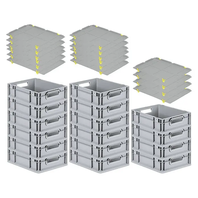 Proregal Euroboxen-Set 16x Eurobox NextGen Grip mit Auflagedeckel inkl. 4 gelben Verschlüssen - L x B x H: 40 x 30 x 12 cm, Kunststoff, Grau, 16 Stk. - Mehrere graue Stapelboxen und passende Deckel. Praktisches Set zur Lagerung und Organisation.