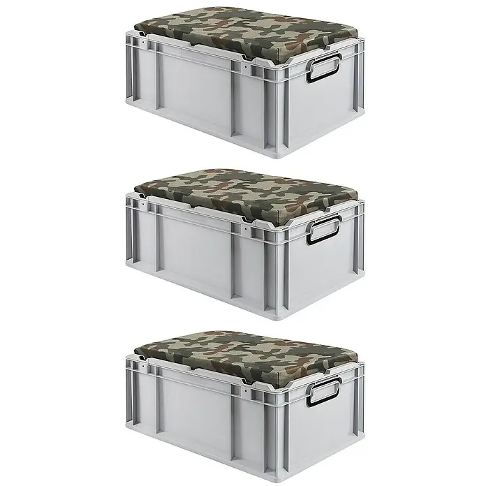 Proregal Euroboxen-Set 3x Eurobox NextGen Seat Box Camouflage - L x B x H: 60 x 40 x 26,5 cm, Kunststoff, Grau, Camouflage, 3 Stk. - Drei graue Aufbewahrungsboxen mit Tarnmuster-Sitzkissen gestapelt. Ideal für Organisation und Komfort.