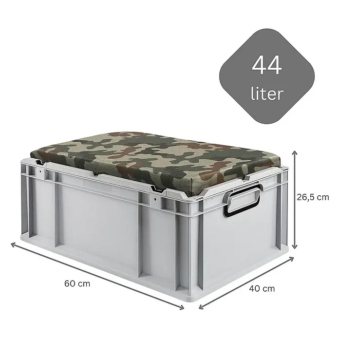 Proregal Euroboxen-Set 3x Eurobox NextGen Seat Box Camouflage - L x B x H: 60 x 40 x 26,5 cm, Kunststoff, Grau, Camouflage, 3 Stk. - Eine graue Kunststoffbox mit Camouflage-Sitzkissen, Maße: 60 x 40 x 26,5 cm, Volumen: 44 Liter. Praktisch für Lagerung und als Sitzgelegenheit.