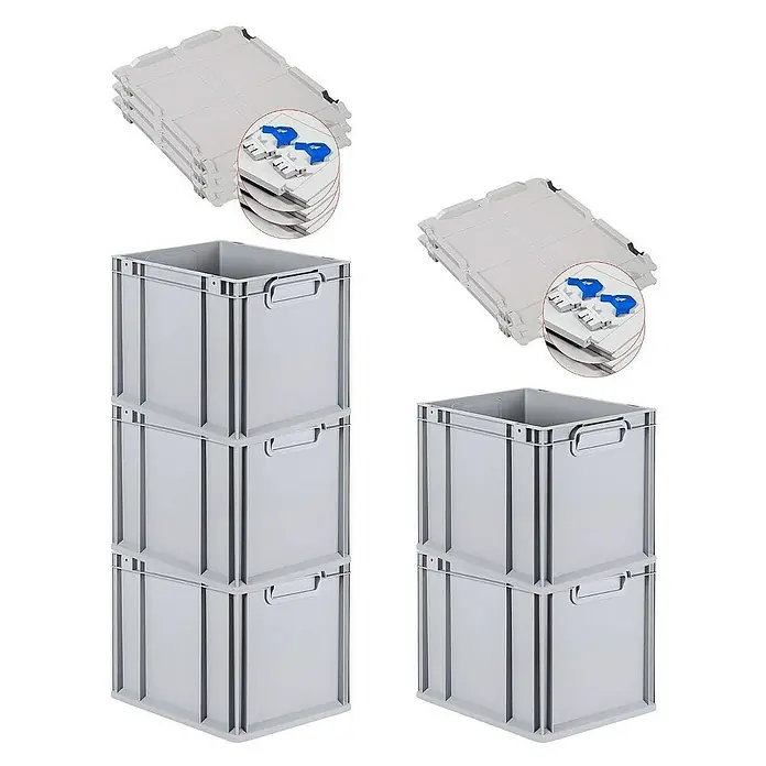 Proregal Euroboxen-Set 5x Eurobox NextGen Grip mit Scharnierdeckel und blauen Verschlüssen - Kunststoff, Grau, 5 Stk. - Graue Eurobehälter im Stapel, daneben flache Behälter mit blauem Verschluss zur praktischen Aufbewahrung und Organisation.