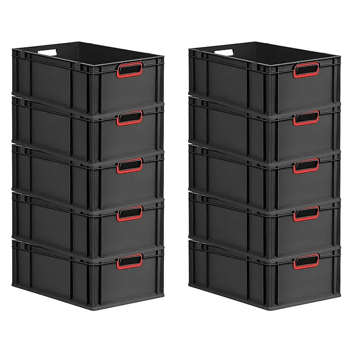 Proregal Euroboxen-Set 10x Eurobox NextGen Color - L x B x H: 60 x 40 x 22 cm, Kunststoff, Schwarz, Rot, 10 Stk. - Bild von zwei Stapeln grauer Kunststoffbehälter mit roten Griffen, die zur Aufbewahrung und Organisation verwendet werden.
