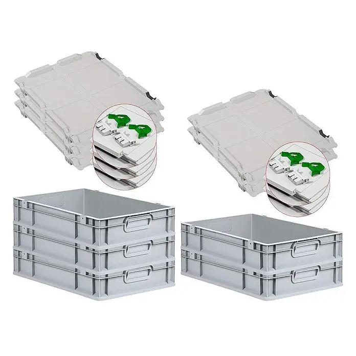 Proregal Euroboxen-Set 5x Eurobox NextGen Economy mit Scharnierdeckel und grünen Verschlüssen - L x B x H: 60 x 40 x 12 cm, Kunststoff, Grau, 5 Stk. - Gestapelte graue Kunststoffbehälter mit Griffen und passende Deckel mit grünen Verschlüssen für eine sichere Lagerung und Transport.