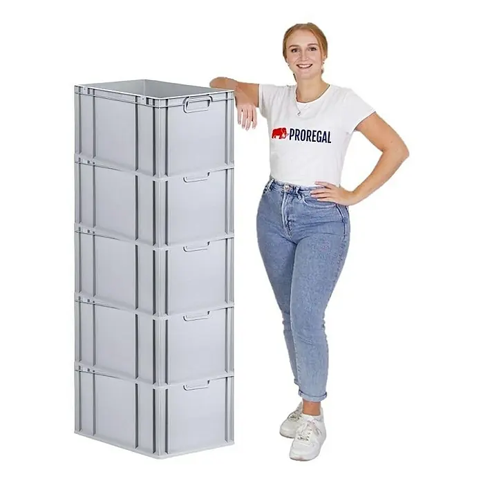 Proregal Euroboxen-Set 5x Eurobox NextGen Economy mit Scharnierdeckel und roten Verschlüssen - L x B x H: 60 x 40 x 32 cm, Kunststoff, Grau, 5 Stk. - Ein Stapel von fünf grauen Proregal-Boxen steht neben einer Frau, die ein weißes T-Shirt mit dem Proregal-Logo trägt.
