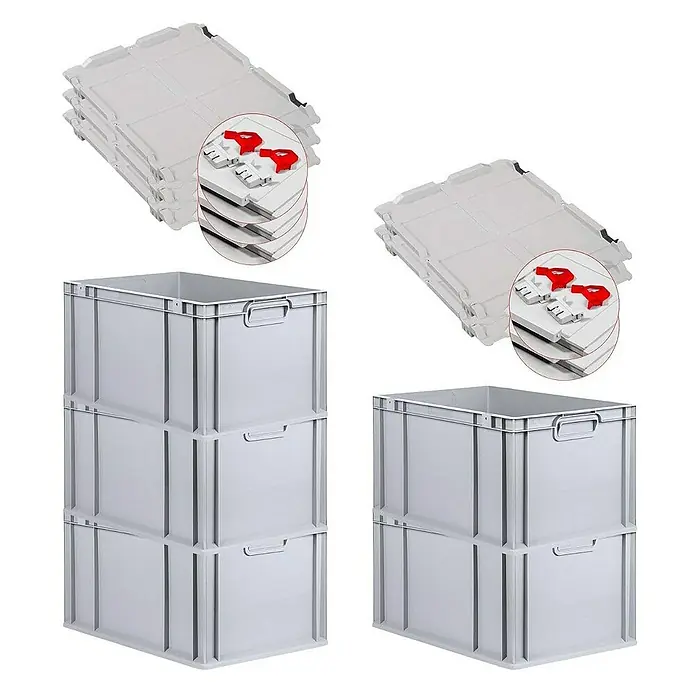 Proregal Euroboxen-Set 5x Eurobox NextGen Economy mit Scharnierdeckel und roten Verschlüssen - L x B x H: 60 x 40 x 32 cm, Kunststoff, Grau, 5 Stk. - Abgebildet sind graue Euroboxen mit passenden Deckeln, ideal für Lagerung und Transport, in verschiedenen Stapelkonfigurationen dargestellt.