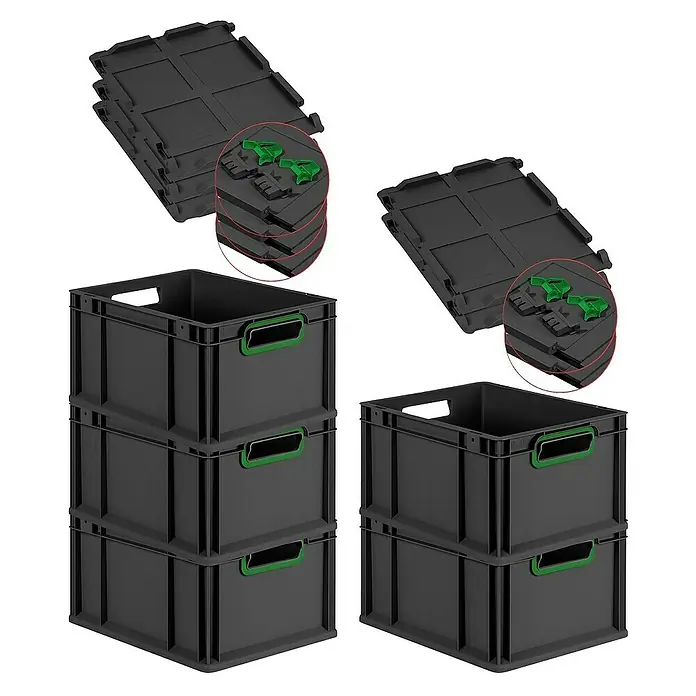 Proregal Euroboxen-Set 5x Eurobox NextGen Color mit Scharnierdeckel und Verschlüssen - L x B x H: 40 x 30 x 22 cm, Kunststoff, Schwarz, Grün, 5 Stk. - Bild von Stapelboxen: Graue Boxen mit grünen Griffen, gestapelt und flach, ideal für Lagerung und Transport.