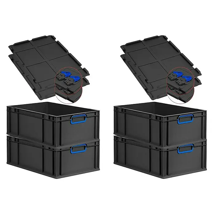 Proregal Euroboxen-Set 4x Eurobox NextGen Color mit Scharnierdeckel und Verschlüssen - L x B x H: 60 x 40 x 22 cm, Kunststoff, Schwarz, Blau, 4 Stk. - Zwei Stapel grauer Kunststoffkisten mit blauen Griffen und zwei Deckeln mit blauen Verschlüssen.