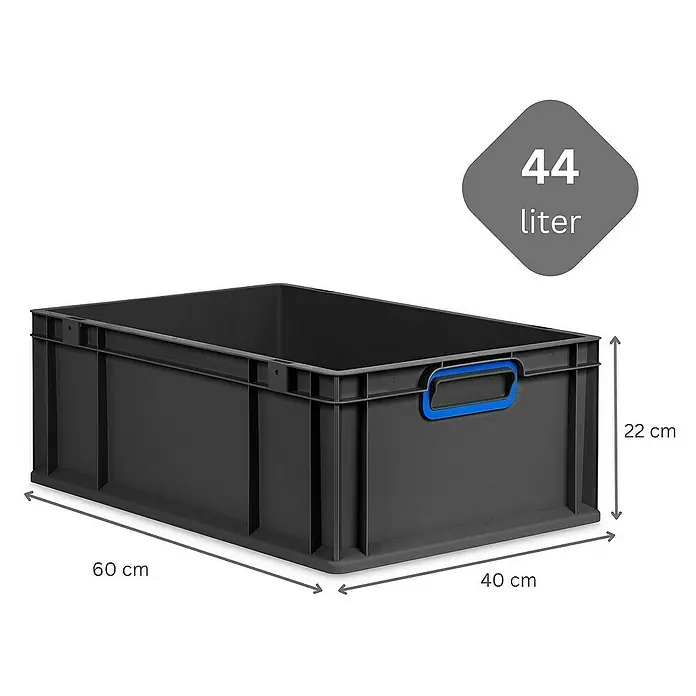 Proregal Euroboxen-Set 4x Eurobox NextGen Color mit Scharnierdeckel und Verschlüssen - L x B x H: 60 x 40 x 22 cm, Kunststoff, Schwarz, Blau, 4 Stk. - Abgebildete schwarze 44-Liter-Aufbewahrungsbox aus Kunststoff mit blauem Griff. Praktisch für die Lagerung und Organisation.