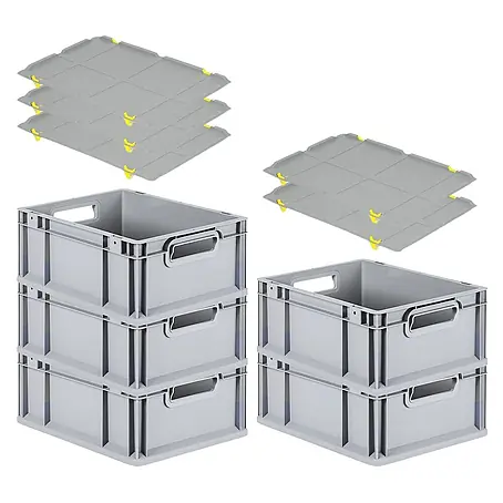 SparSet 5x Eurobox NextGen Grip mit Auflagedeckel inkl. 4 gelben Schiebeschnappverschlüssen | HxBxT 17x30x40cm | 16 Liter | Grau | Griffe offen | Glatter Boden | Eurobehälter, Transportbox, Transportbehälter, Stapelbehälter