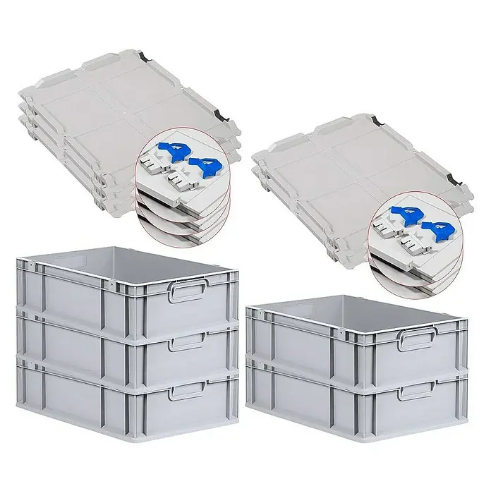 Proregal Euroboxen-Set 5x Eurobox NextGen Grip mit Scharnierdeckel und blauen Verschlüssen - L x B x H: 60 x 40 x 17 cm, Kunststoff, Grau, 5 Stk. - Graue Kunststoffboxen und Deckel im Stapel. Praktische und robuste Lagerbehälter für vielfältige Anwendungen.