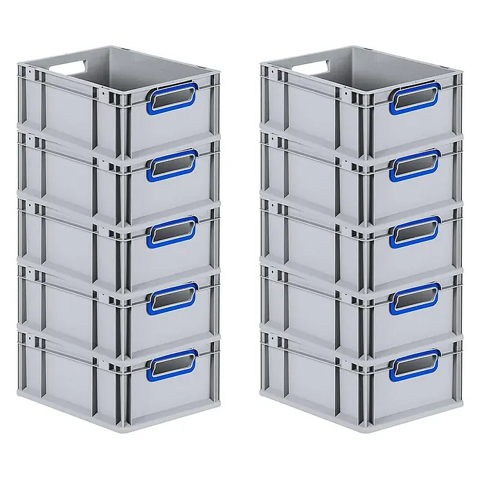 SuperSparSet 10x Eurobox NextGen Color | HxBxT 17x30x40cm | 16 Liter | Griffe blau offen | Glatter Boden | Grau | Eurobehälter, Transportbox, Transportbehälter, Stapelbehälter -  - Zwei Stapel grauer Kunststoffbehälter mit blauen Griffen, ideal für Lagerung und Organisation, im Studio aufgenommen.