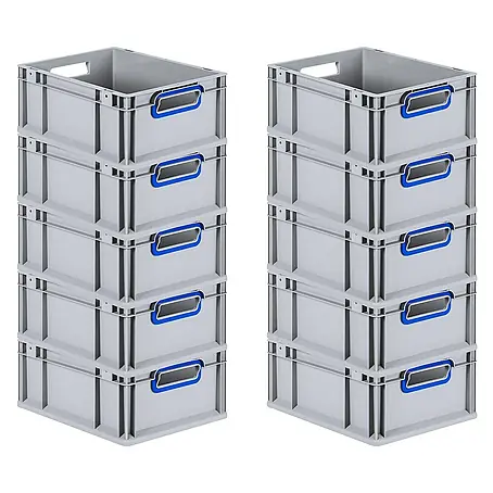SuperSparSet 10x Eurobox NextGen Color | HxBxT 17x30x40cm | 16 Liter | Griffe blau offen | Glatter Boden | Grau | Eurobehälter, Transportbox, Transportbehälter, Stapelbehälter