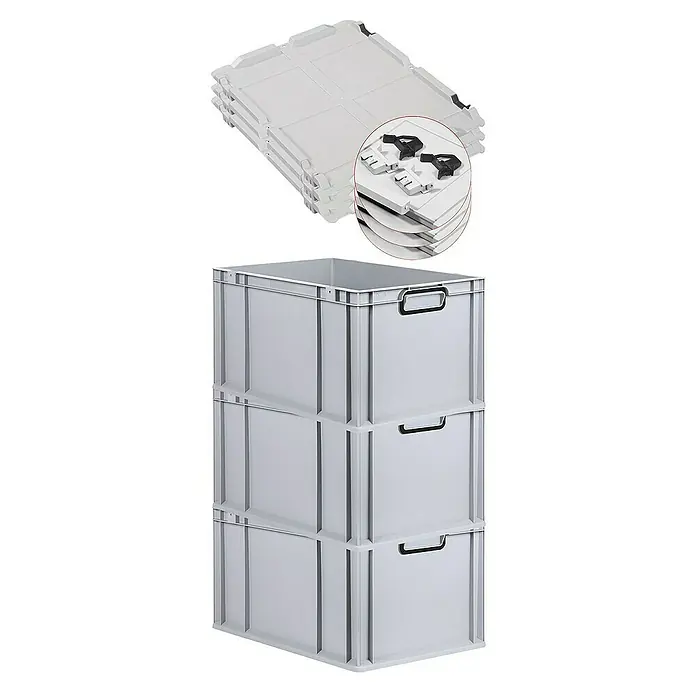 Proregal Euroboxen-Set 3x Eurobox NextGen Color mit Scharnierdeckel und Verschlüssen - L x B x H: 60 x 40 x 32 cm, Kunststoff, Grau, Schwarz, 3 Stk. - Bild von drei gestapelten grauen Euroboxen und vier flachen, übereinander liegenden grauen Deckeln.