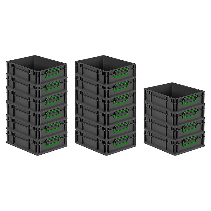Proregal Euroboxen-Set 16x Eurobox NextGen Color - L x B x H: 40 x 30 x 12 cm, Kunststoff, Schwarz, Grün, 16 Stk. - Ein Stapel grauer Kunststoffbehälter mit grünen Griffen. Ideal für Lagerung und Transport, ordentlich gestapelt in verschiedenen Höhen.