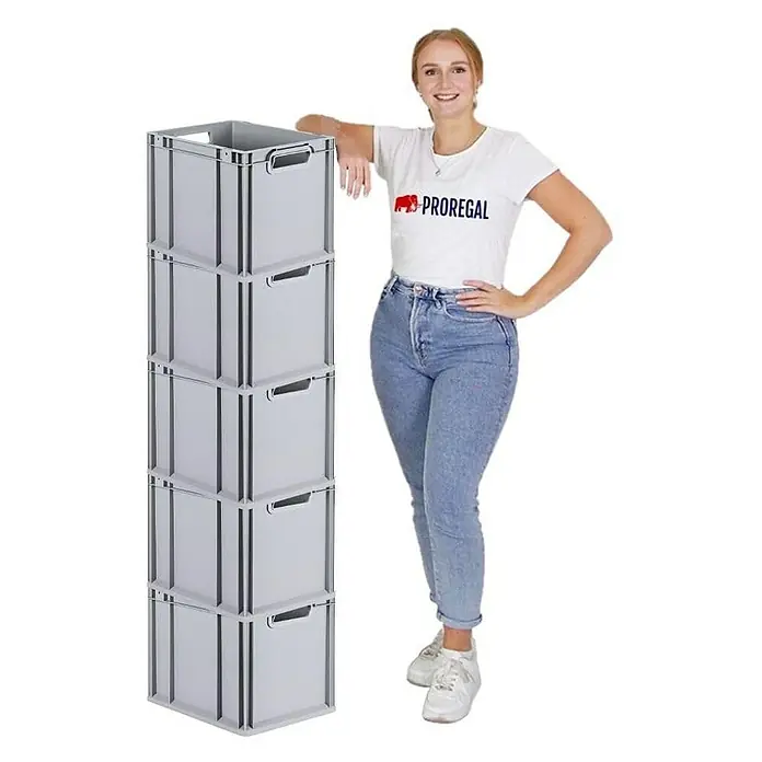 Proregal Euroboxen-Set 5x Eurobox NextGen Economy mit Scharnierdeckel und gelben Verschlüssen - Kunststoff, Grau, 5 Stk. - Gestapelte, graue Proregal-Aufbewahrungsboxen. Die Boxen sind aus Kunststoff und haben Griffe. Eine Frau lehnt sich an den Stapel.