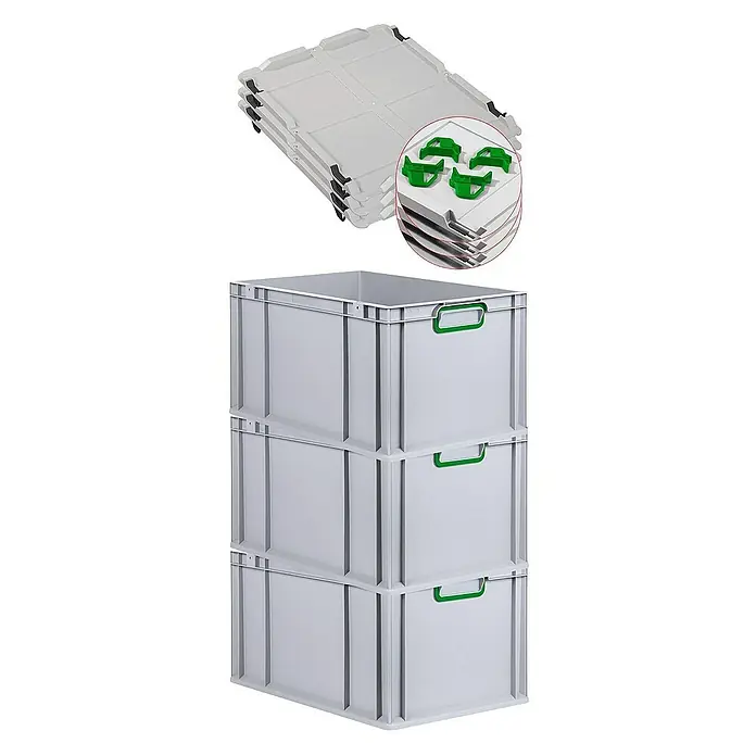 Proregal Euroboxen-Set 3x Eurobox NextGen Color mit Auflagedeckel und Schiebeschnappverschlüsse - L x B x H: 60 x 40 x 32 cm, Kunststoff, Grau, Grün, 3 Stk. - Drei graue Kunststoffboxen mit grünen Griffen sind gestapelt und vier graue Deckel mit grünen Clip-Verschlüssen liegen oben.