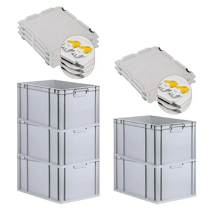 Proregal Euroboxen-Set 5x Eurobox NextGen Economy mit Scharnierdeckel und gelben Verschlüssen - L x B x H: 60 x 40 x 32 cm, Kunststoff, Grau, 5 Stk. - Bild von grauen Lagerbehältern mit Deckeln. Praktische und stapelbare Aufbewahrungslösung für verschiedene Zwecke.