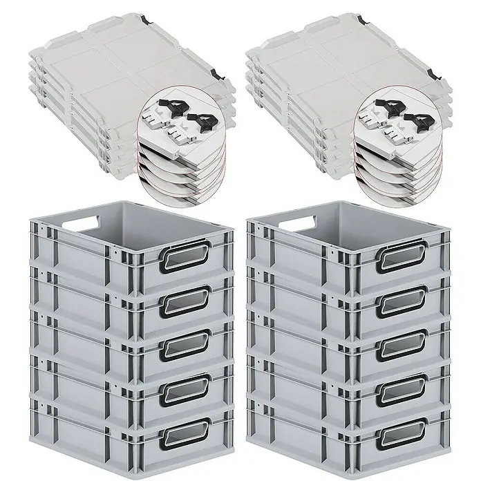 Proregal Euroboxen-Set 10x Eurobox NextGen Color mit Scharnierdeckel und Verschlüssen - L x B x H: 40 x 30 x 12 cm, Kunststoff, Grau, Schwarz, 10 Stk. - Stapelbare Eurobehälter und Deckel im Set. Ideal für Lagerung und Transport, aus robustem Kunststoff gefertigt für lange Haltbarkeit.