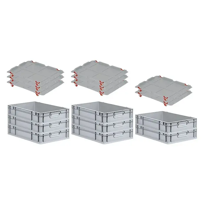 Proregal Euroboxen-Set 8x Eurobox NextGen Economy mit Auflagedeckel und 4x Verschlüsse Rot - L x B x H: 60 x 40 x 12 cm, Kunststoff, Grau, 8 Stk. - Graue Stapelboxen und dazugehörige Deckel, die praktische Aufbewahrungslösungen bieten.